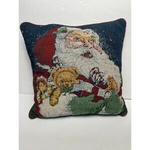 Needlepoint Christmas Holiday Pillow Santa Bear Cord Trim 16" Square